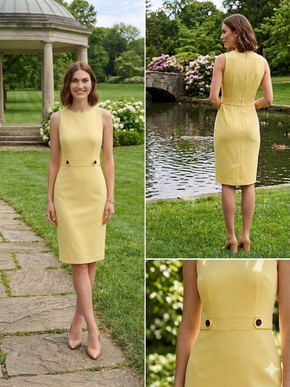 Ann Taylor Sleeveless Yellow Sheath Dress with Button Waist Detail